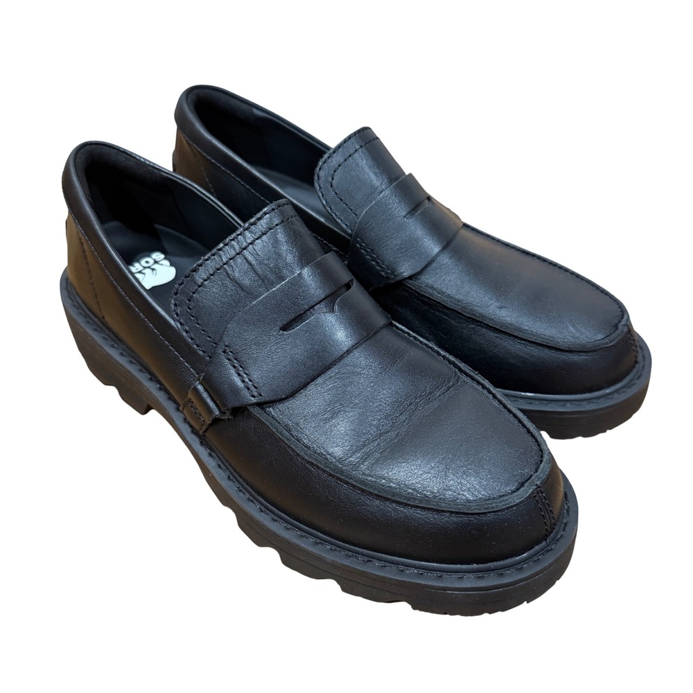 Sorel Revel Ave Black Leather Chunky Platform Lug Sole Penny Loafers Womens 8 M